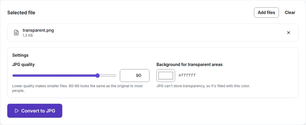 Filecon's PNG to JPG settings for a file named transparent.png: a JPG quality slider set to 90, and a white (#ffffff) color swatch for filling transparent areas, above a Convert to JPG button.