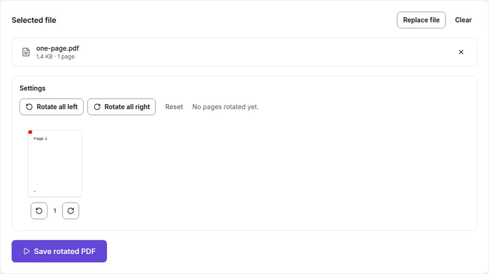 Filecon Rotate PDF with a one-page PDF loaded, Rotate all left and Rotate all right buttons, a Reset link, the status No pages rotated yet, a page thumbnail with rotate-left and rotate-right arrows beneath it, and a Save rotated PDF button.
